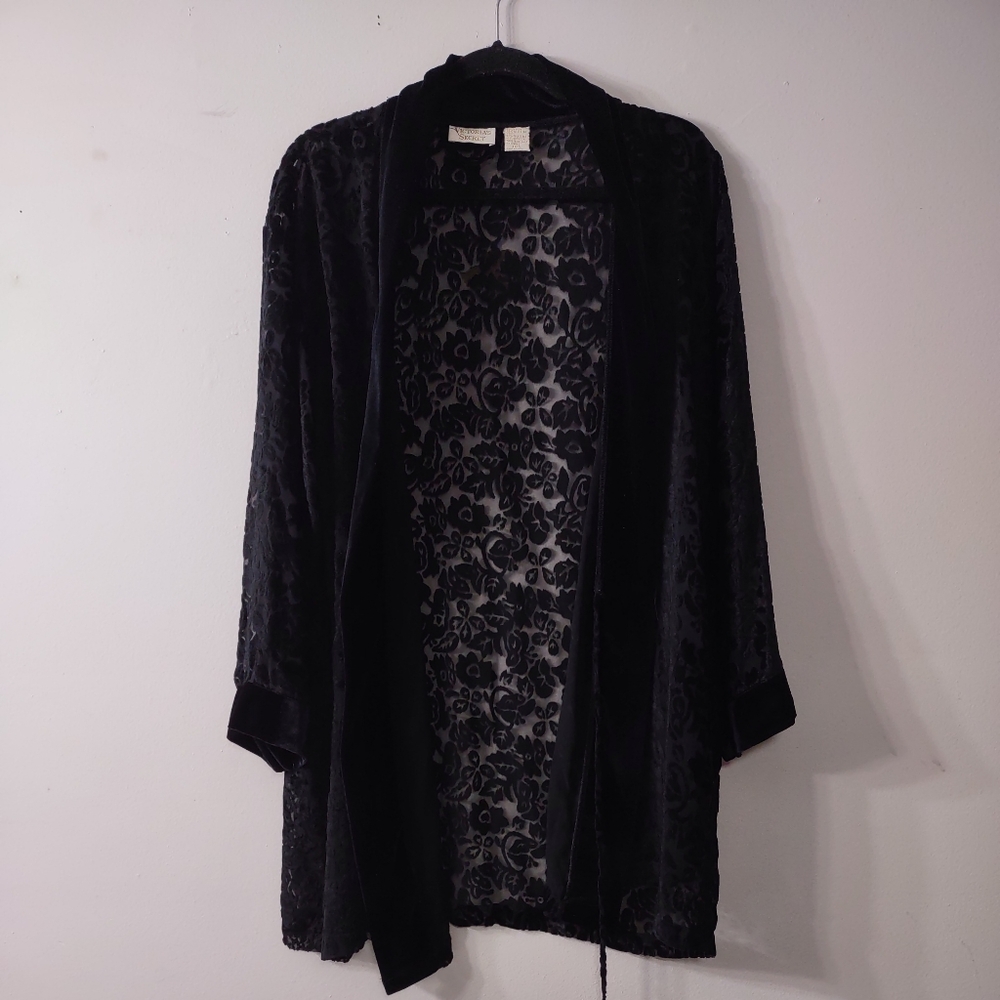 Vintage Gold Tag Victoria's Secret Black Floral Sheer Robe, Size Small